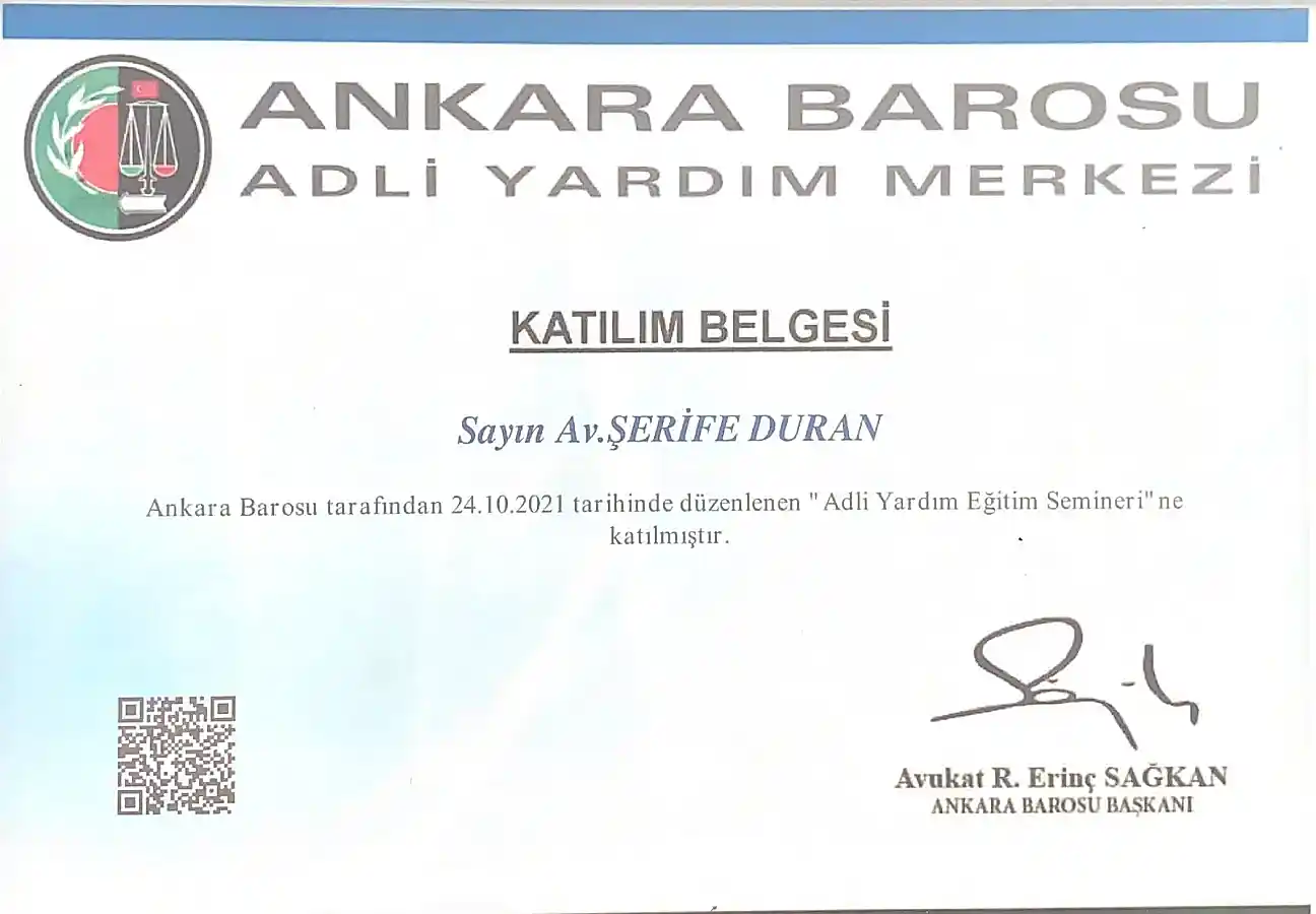 Av. Şerife Duran Adli Yardım Eğitim Semineri Katılım Belgesi