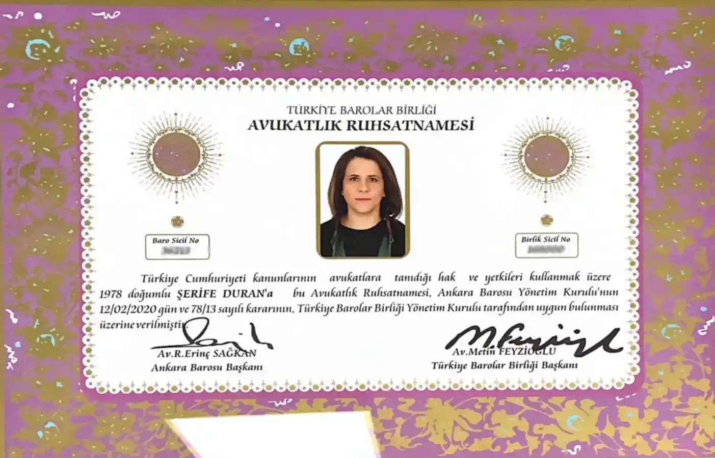 Av. Şerife Duran Mingəçevir Barolar Birliği Avukatlık Ruhsatnamesi
