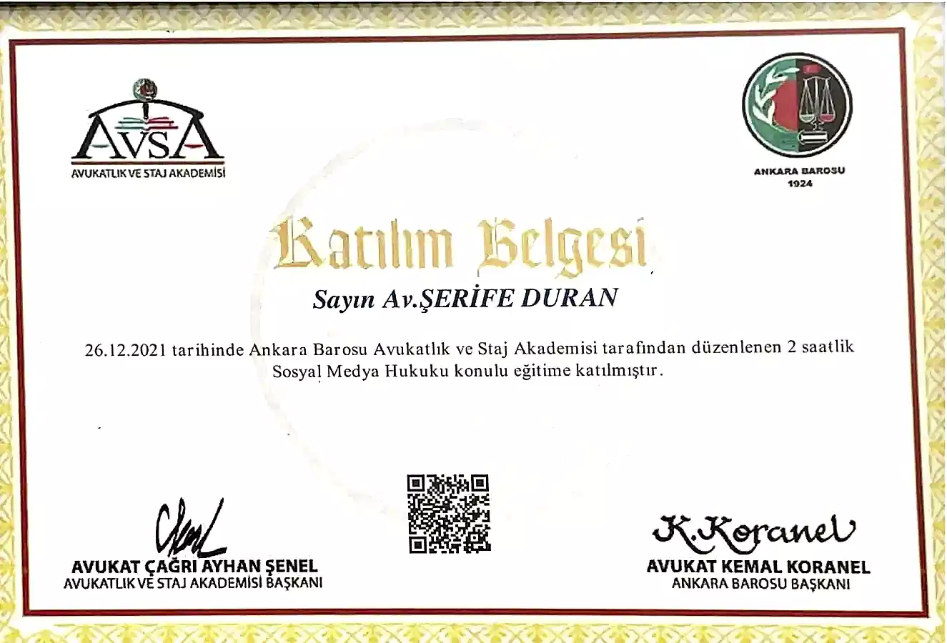 Av. Şerife Duran Sosyal Medya Hukuku Eğitimi Katılım Belgesi