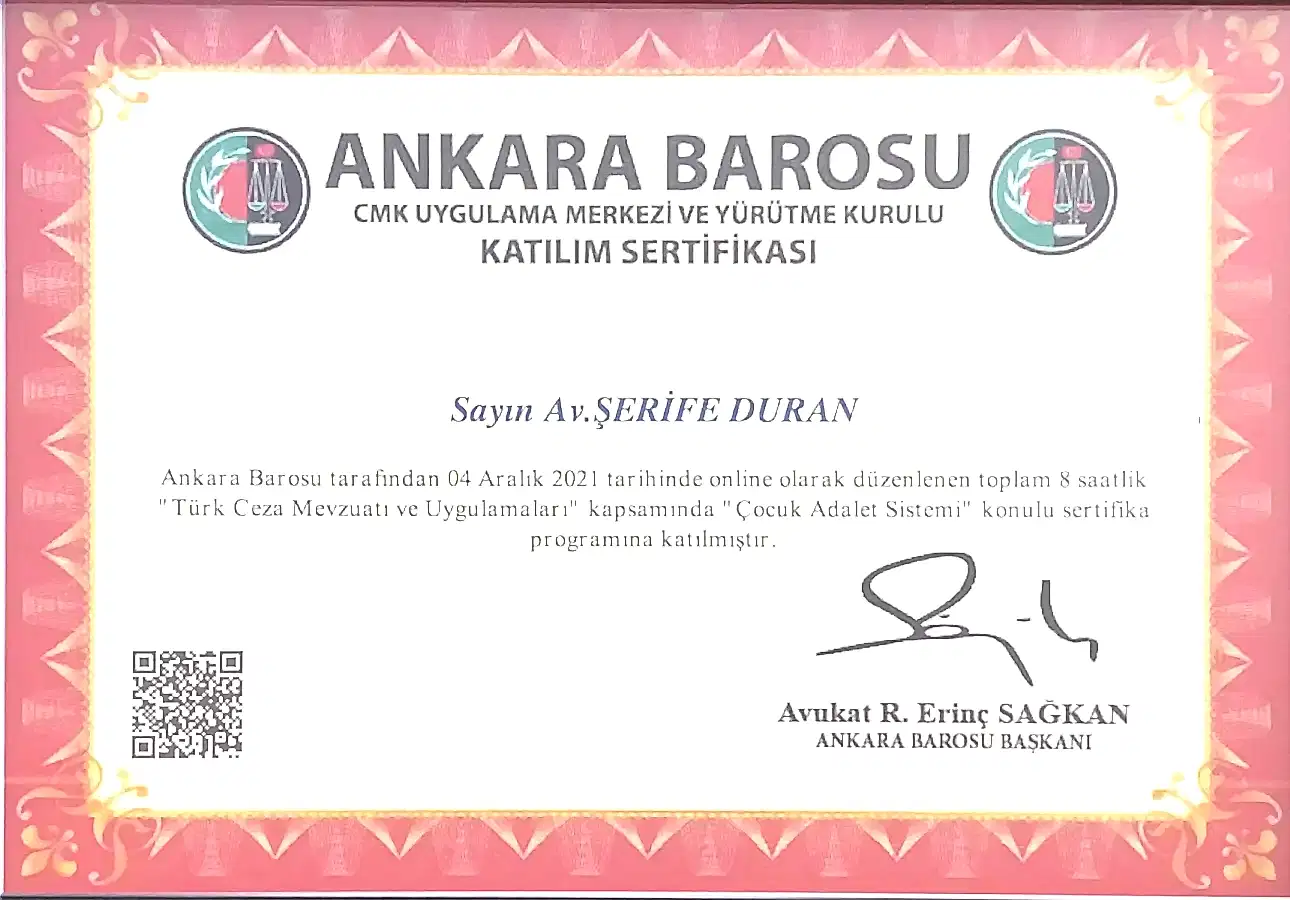 Av. Şerife Duran Çocuk Adalet Sistemi Eğitimi Katılım Sertifikası
