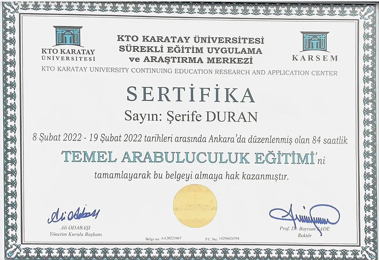 Av. Şerife Duran Temel Arabuluculuk Eğitimi Sertifikası