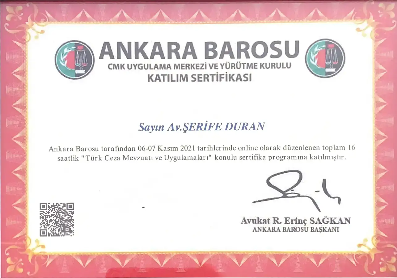 Av. Şerife Duran Türk Ceza Mevzuatı ve Uygulamaları Katılım Sertifikası